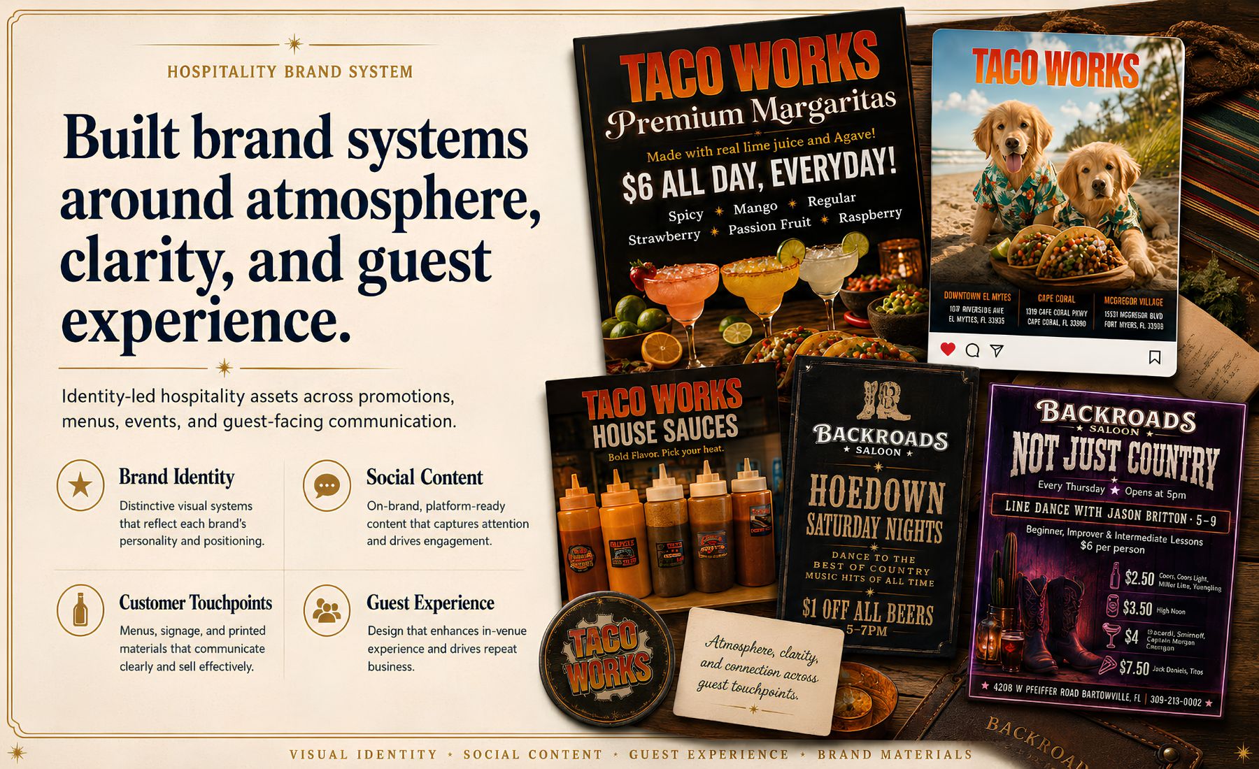 Hospitality brand systems case study visual showing customer-facing brand materials, social content, and guest experience design.