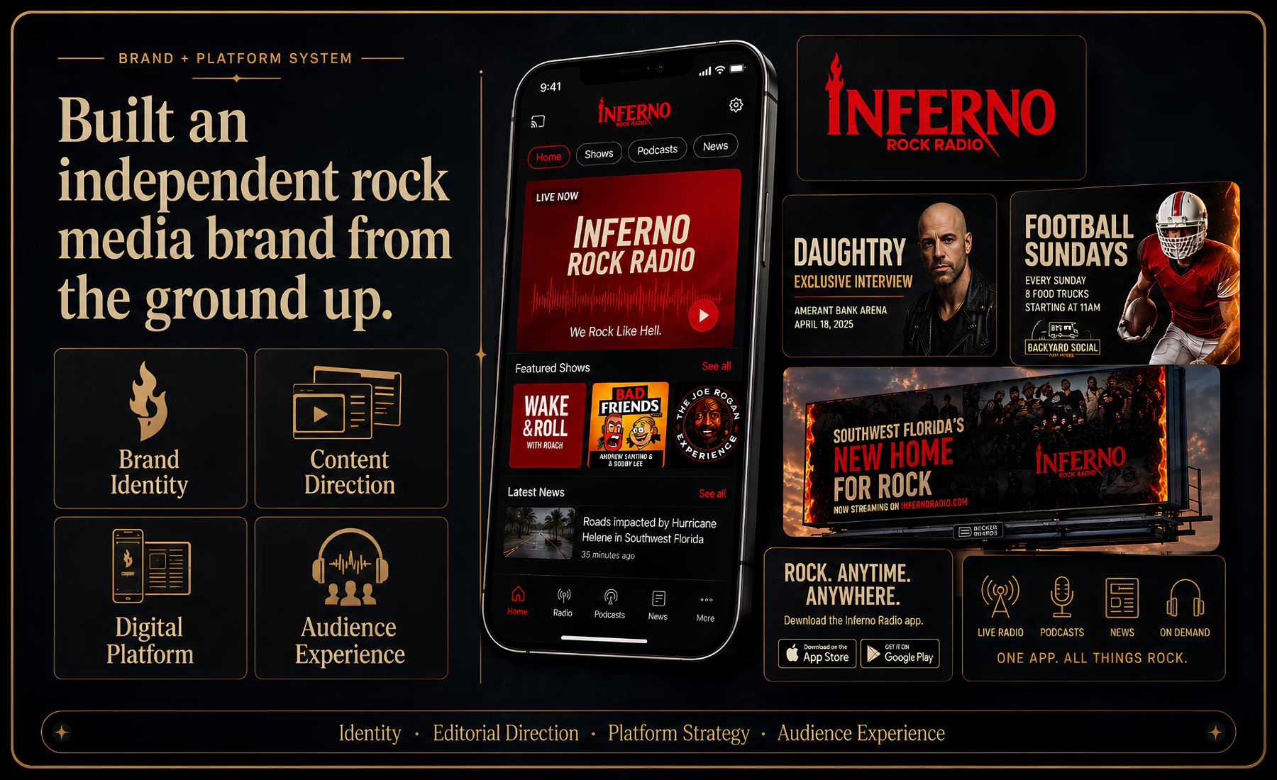 Inferno Radio brand and platform system case study visual showing identity, content direction, and digital media experience.