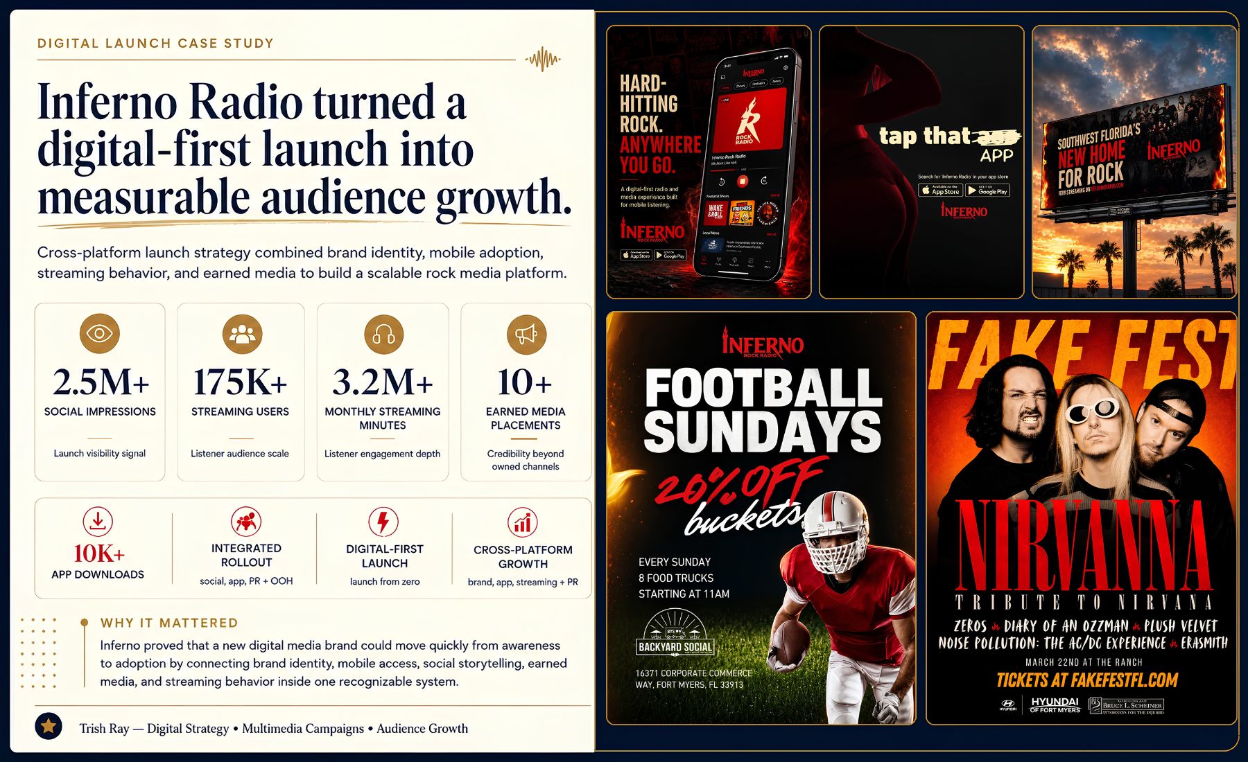 Inferno Radio Digital Launch case study card showing brand, app, and audience growth work.