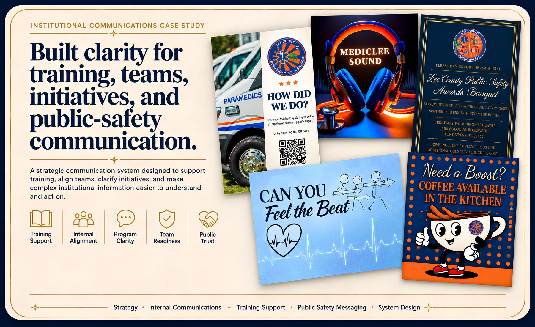 Institutional Communications System case study card showing training and internal communications materials.
