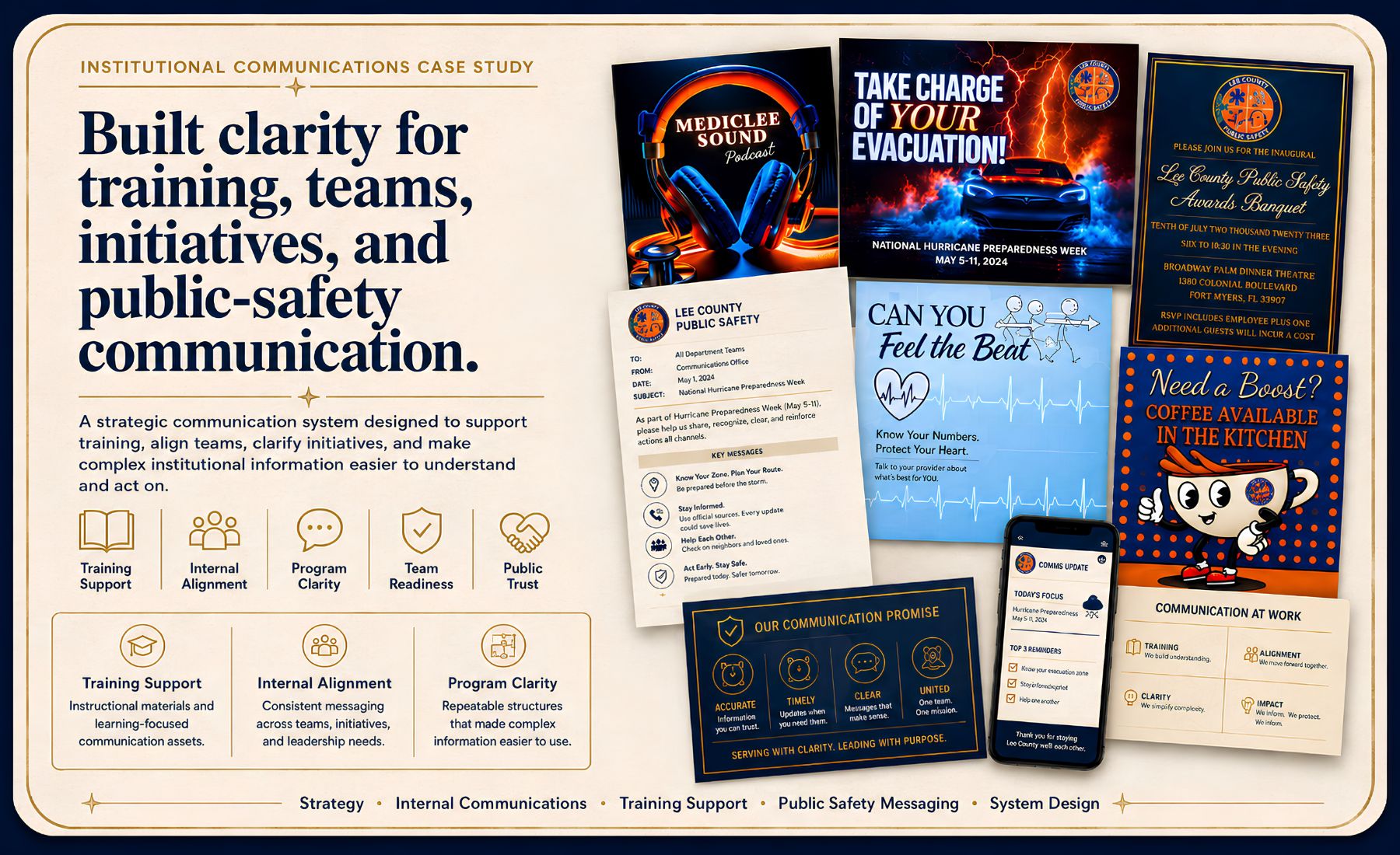 Institutional communications case study visual showing training support, internal alignment, program clarity, and public-safety communication assets.