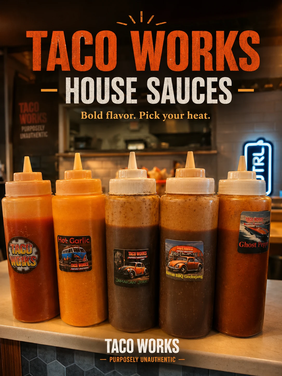 Taco Works house sauces product branding system