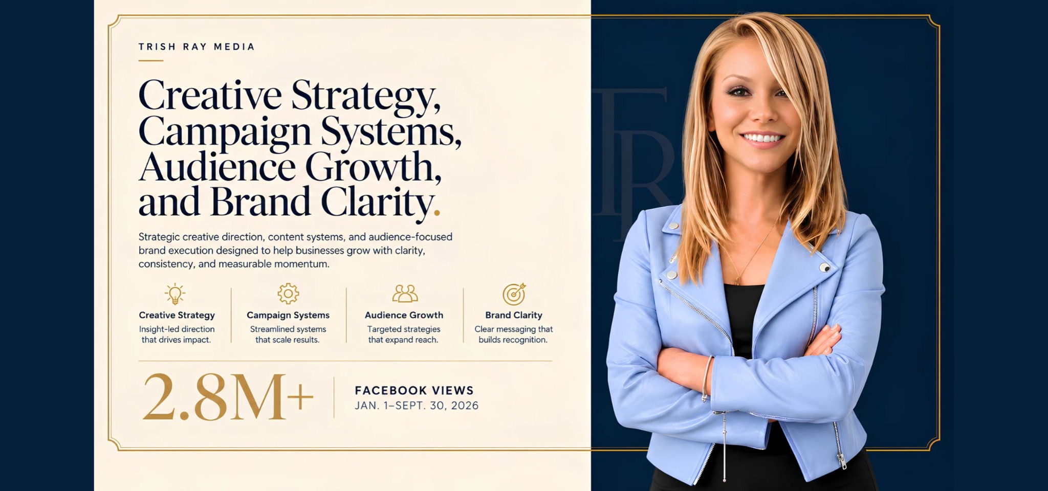 Trish Ray creative strategy portfolio hero featuring campaign systems, audience growth, and updated Facebook performance proof.