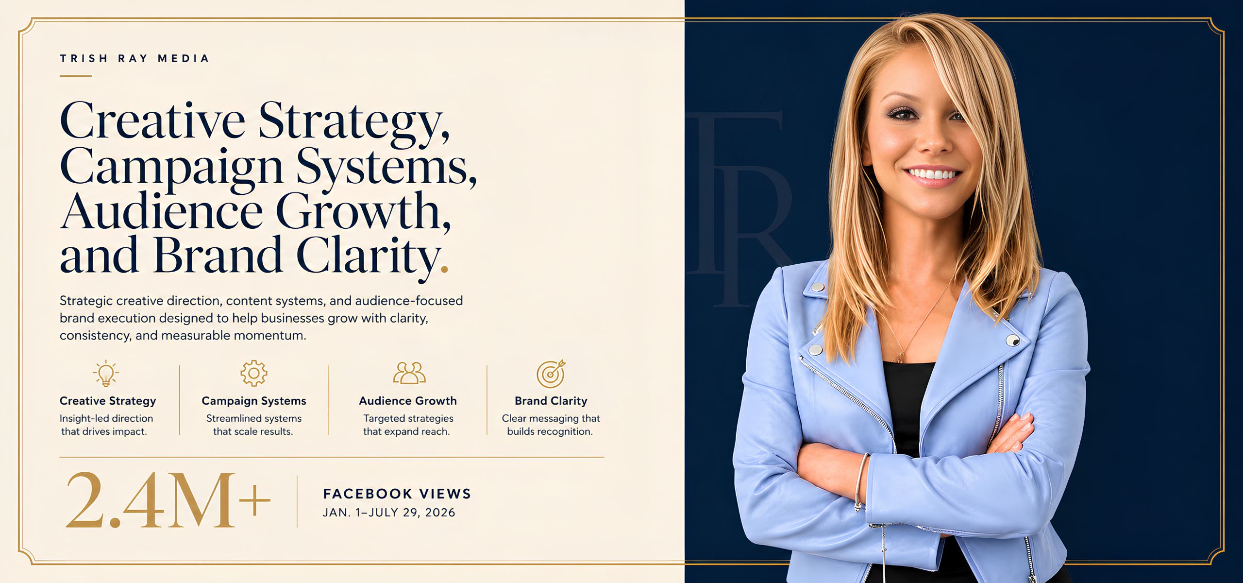 Trish Ray creative strategy portfolio hero featuring campaign systems, audience growth, and updated Facebook performance proof.